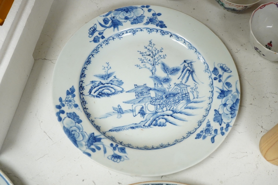 Four 18th century Chinese export blue and white dishes, four tea bowls and a Delft dish